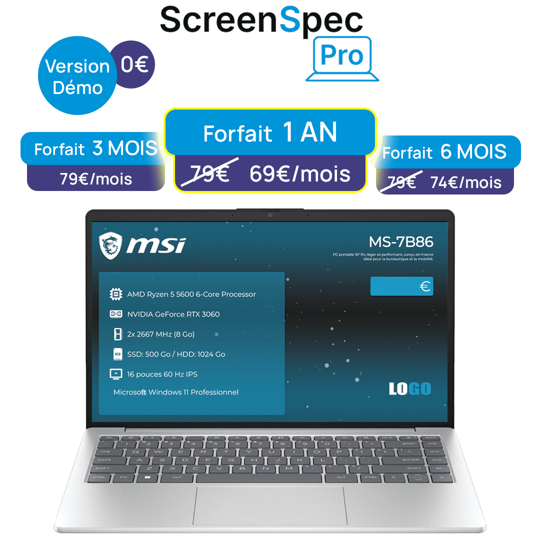 Offres ScreenSpec Pro - logiciel d'affichage des composants et prix de vente sur les PC