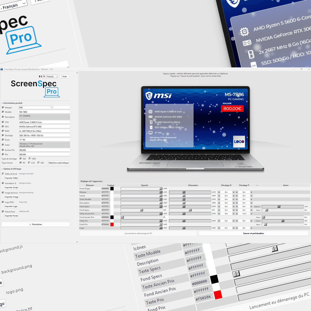 Interface de ScreenSpec Pro, logiciel d'affichage des composants et du prix de vente sur les ordinateurs